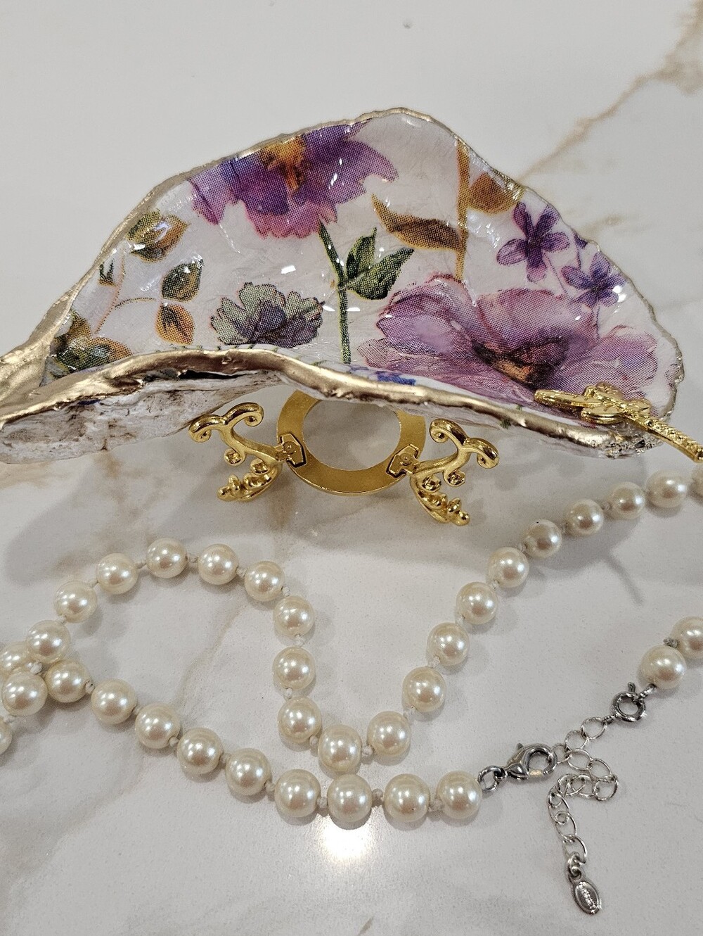 Purple Floral Decoupaged Oyster Shell Jewelry Trinket Dish with Gold Dragonfly
